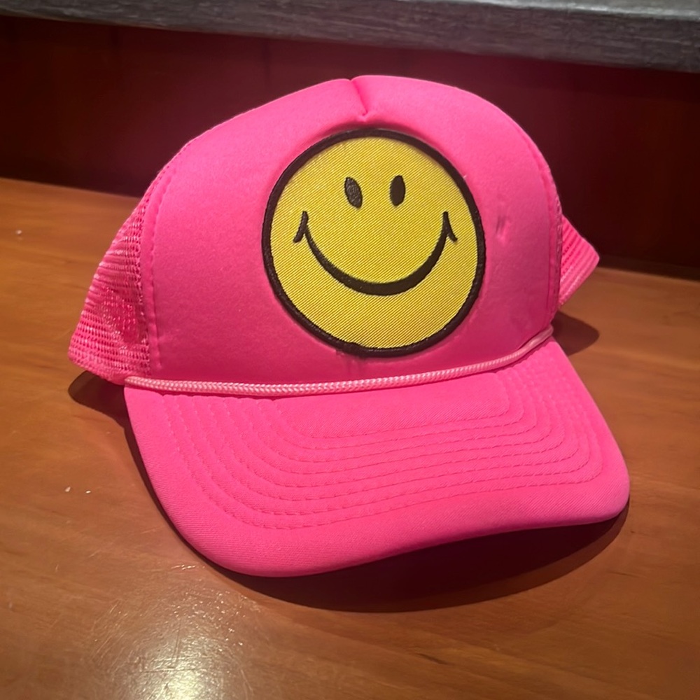 Aviator Nation Smiley Vintage Trucker Hat in neon pink